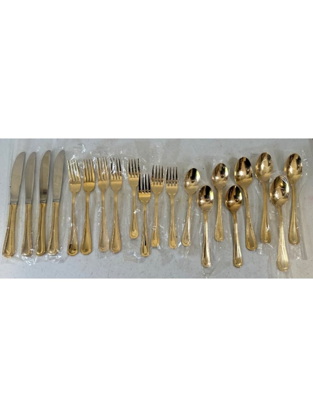Gold tone flatware Bead International Stainless NEW silverware 20 pieces for 4